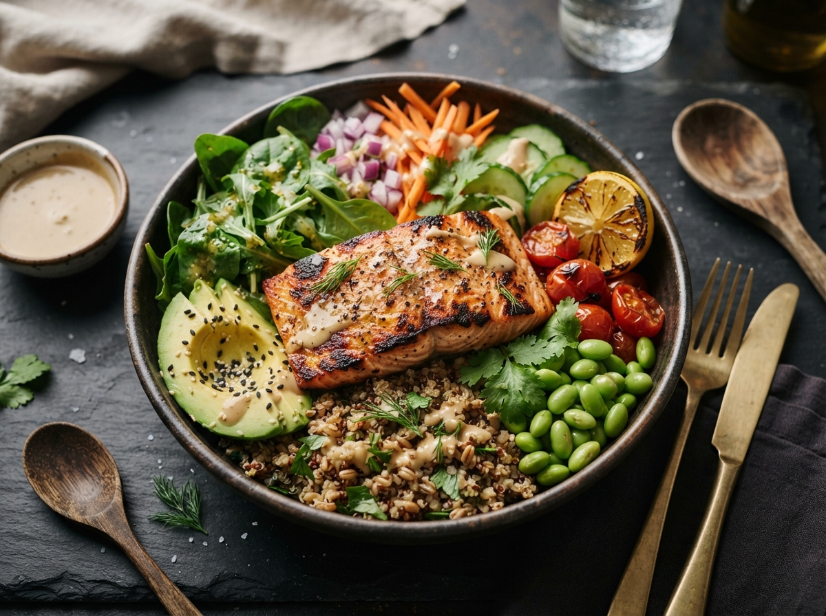 Salmon and grain bowl served with fresh vegetables